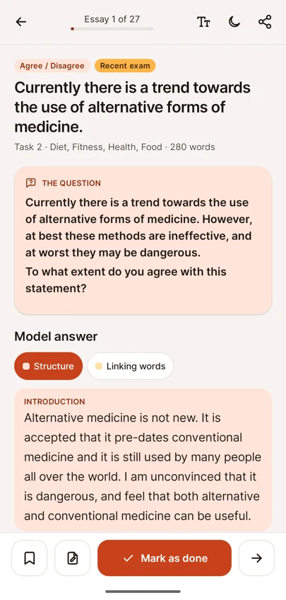Exemple de rédaction Task 2 avec la question, la réponse modèle et les options de surlignage