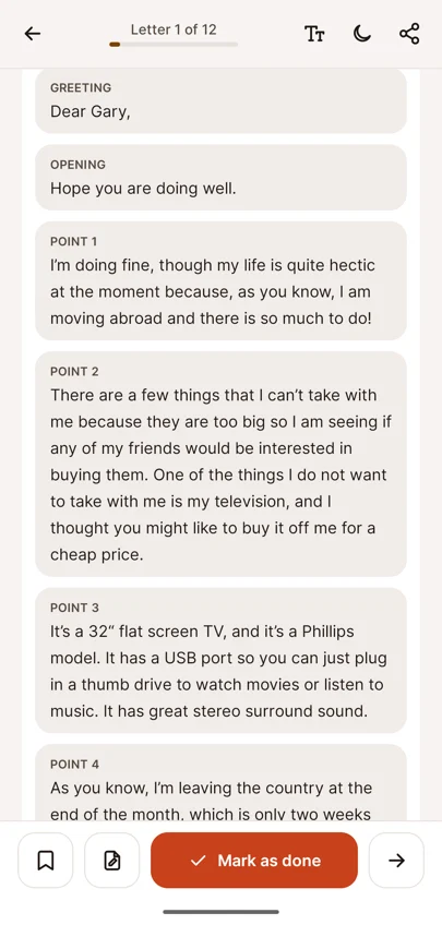 Model letter split into greeting, opening and points