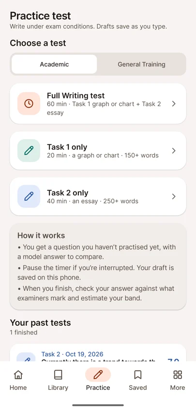 Écran d’entraînement avec les options test complet, Task 1 et Task 2