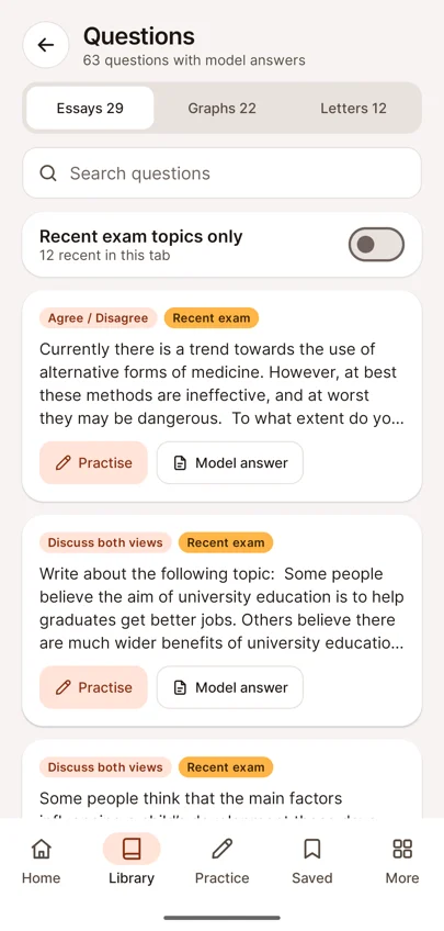 Banque de questions avec les onglets Essays, Graphs et Letters