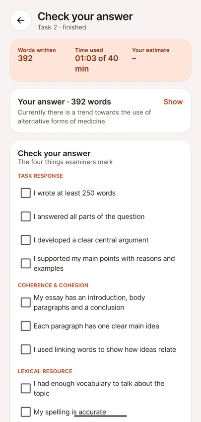 Check your answer : mots écrits, temps utilisé et liste de contrôle des critères