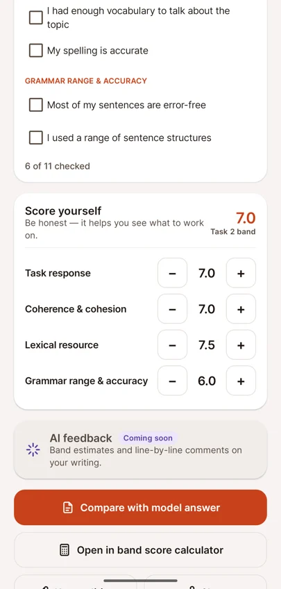 Score yourself sur quatre critères avec un score Task 2 de 7.0